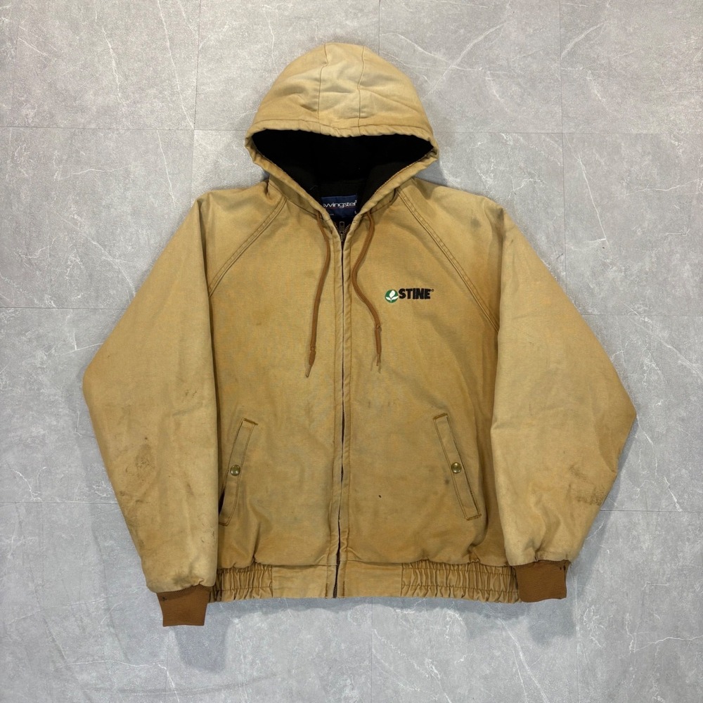 Vintage Swingster Stine Seed Canvas Work Jacket Mens L Tan Made in USA Zip Up